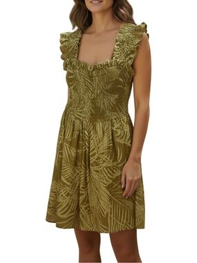 EXPRESS Tropical Leaf Print Smocked Bodice Summer Dress, XS, Olive Green Multi